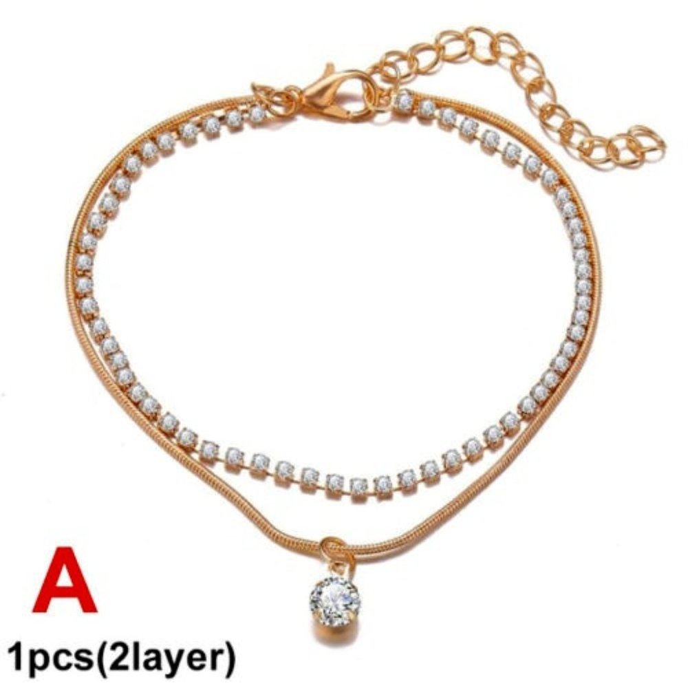 Boho Handmade Rainbow Crystal Rhinestone Anklet Bracelet Foot Chain Beach Double - Picture 2 of 3